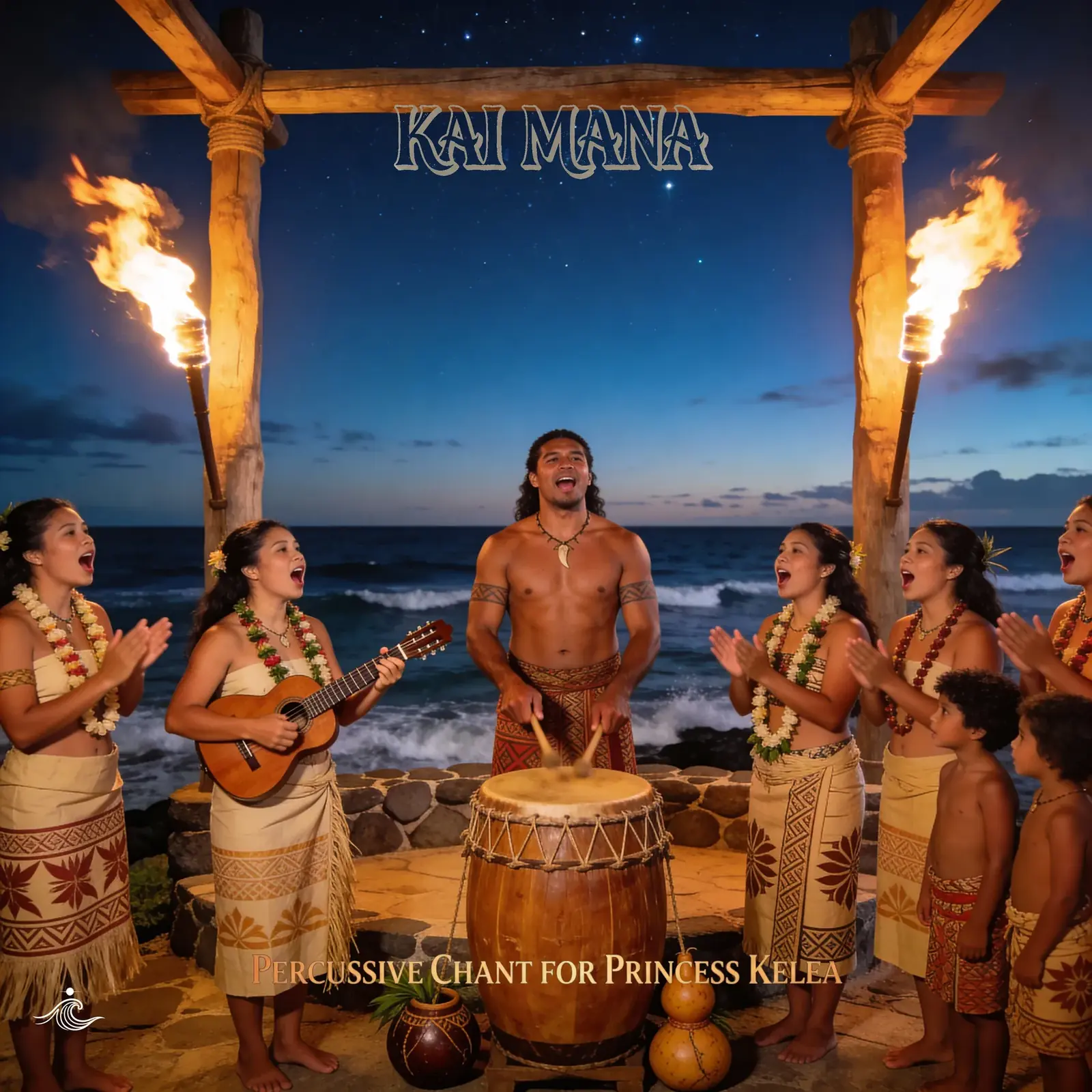 Percussive Chant for Princess Kelea artwork by Kai Mana, reflecting powerful, ancestral Maui music themes